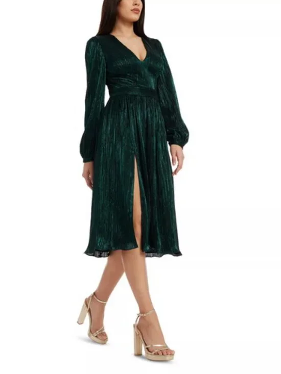 Dress The Population Deep Green Holly Metallic Plissé Dress - Picture 3 of 3